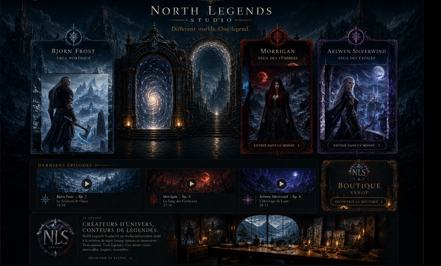 North Legends Studio home with the Portal of Worlds, Bjorn Frost, Morrigan and Aelwen Silverwind