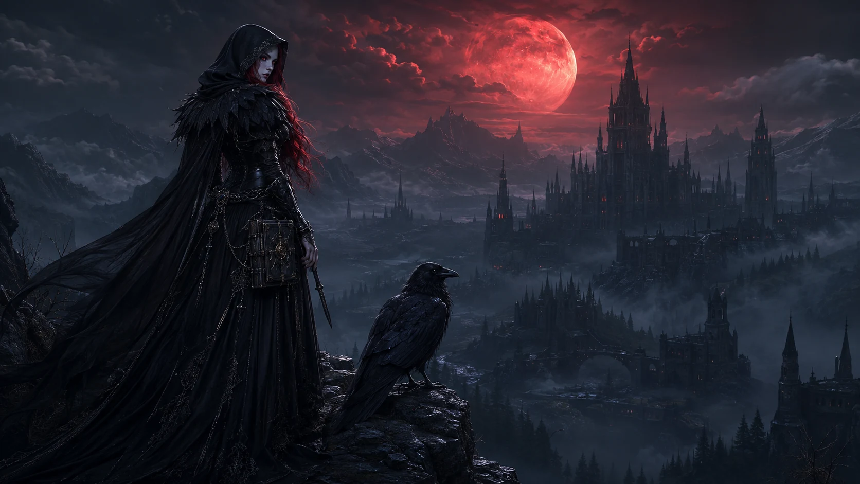 Morrigan and Noxus overlooking a gothic realm beneath a red moon