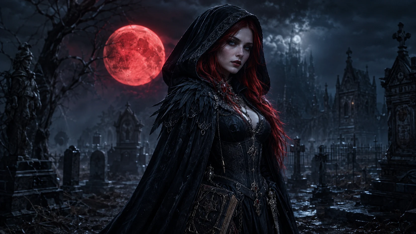 Morrigan Bloodthorn in a gothic graveyard beneath the red moon