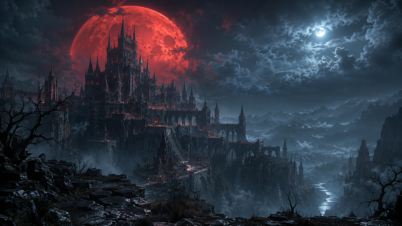 Gothic citadel beneath an immense red moon