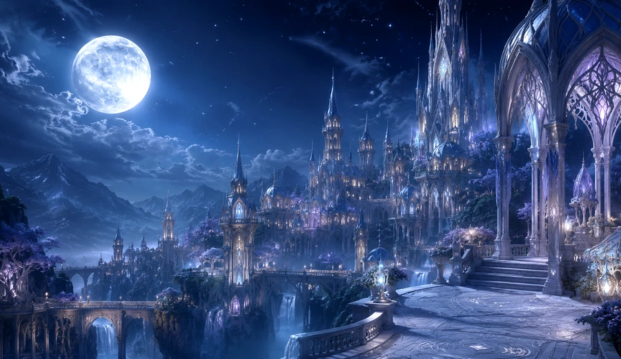 Luminous elven city under the full moon