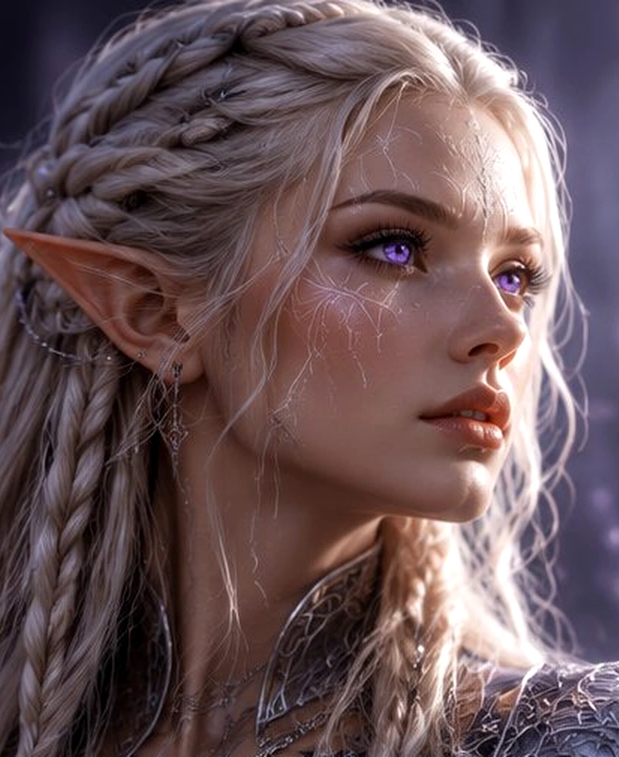 Visage d’Aelwen, yeux violets et marques elfiques